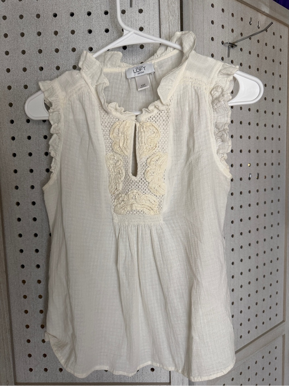 LOFT Cream Sleeveless Ruffle Blouse with Embroidered Bib